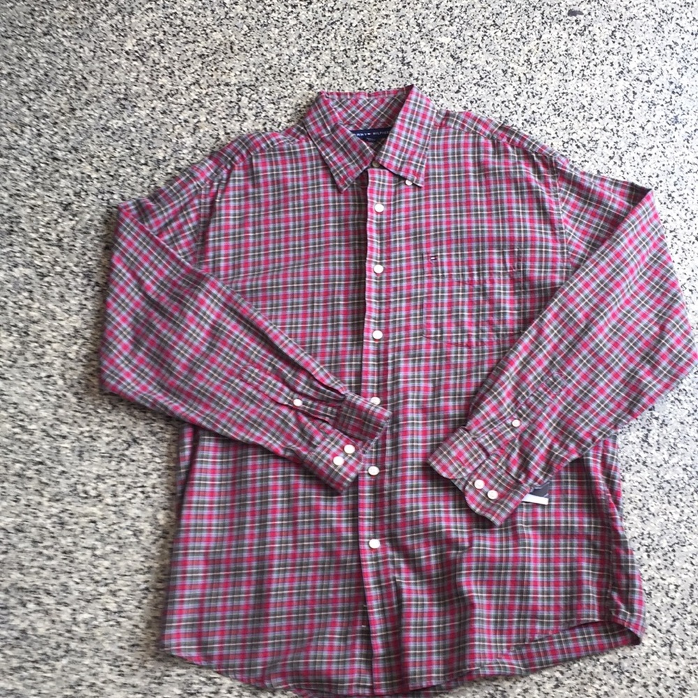 Vintage 90s Tommy Hilfiger red & grn plaid shirt